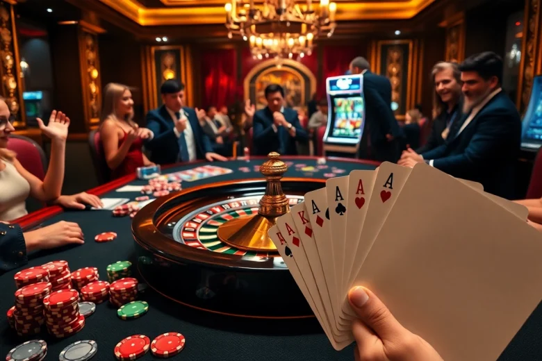 Experience thrilling casino action at https://f8bet.ventures/ with vibrant poker chips and a roulette wheel.