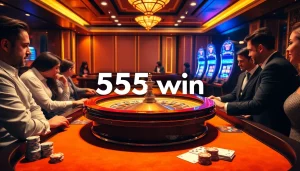 Experience the thrill of a casino scene featuring the 555 win roulette table surrounded by players.