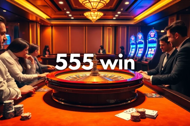 Experience the thrill of a casino scene featuring the 555 win roulette table surrounded by players.