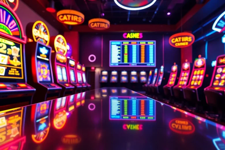 Jouer à des machines à sous gratuites en ligne avec une ambiance de casino vibrant et coloré.