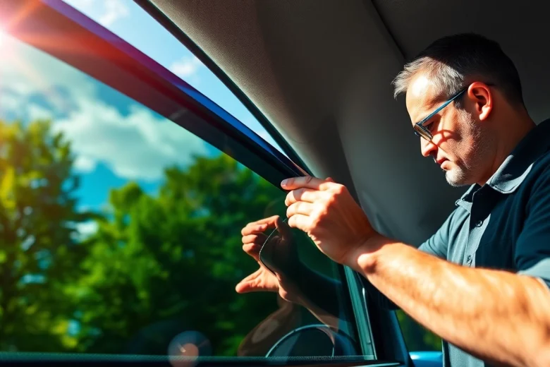 Applying window tint Chattanooga to a vehicle, showcasing quality craftsmanship and bright outdoor setting.