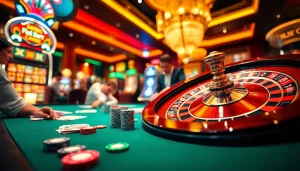 Exciting casino scene highlighting Nhà Cái HM88 with vibrant poker chips and roulette wheel.