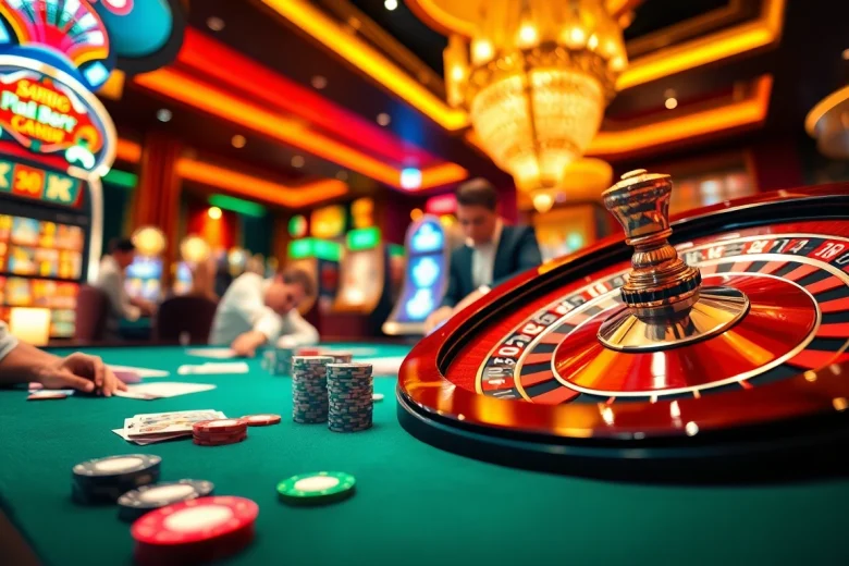 Exciting casino scene highlighting Nhà Cái HM88 with vibrant poker chips and roulette wheel.