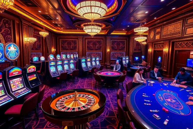 Vivez l'excitation d'un environnement de casino en ligne crypto avec des tables de poker, des machines à sous et des éclairages de jeu vibrants.