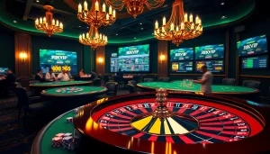 Experience thrilling gambling at Rikvip online, featuring roulette, poker chips, and vibrant casino visuals.