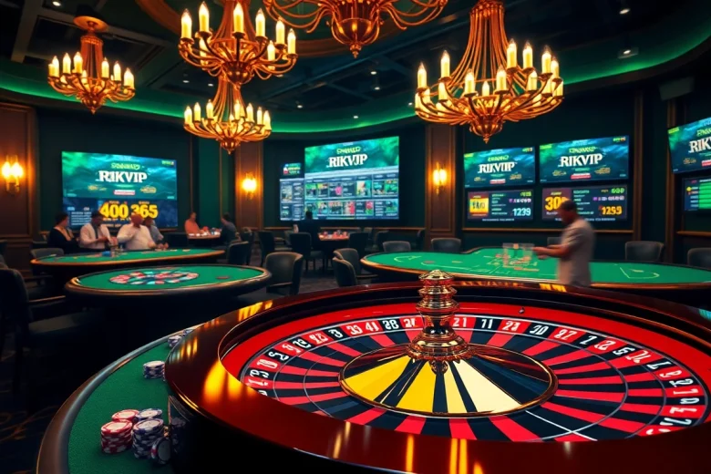 Experience thrilling gambling at Rikvip online, featuring roulette, poker chips, and vibrant casino visuals.