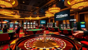Exciting casino scene with players at roulette and slot machines featuring 23win logo.