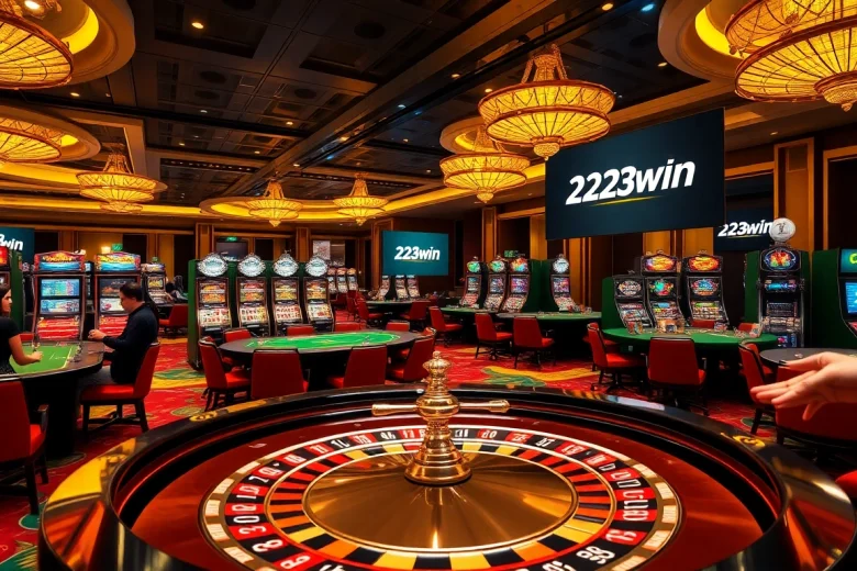 Exciting casino scene with players at roulette and slot machines featuring 23win logo.