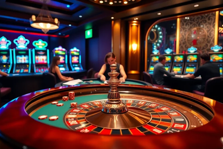 A vibrant casino scene at https://68vip.one/, featuring players engaged at a roulette table with colorful poker chips.