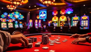 Players engaging with a high-stakes poker table at RIKVIP casino, showcasing excitement and strategy.