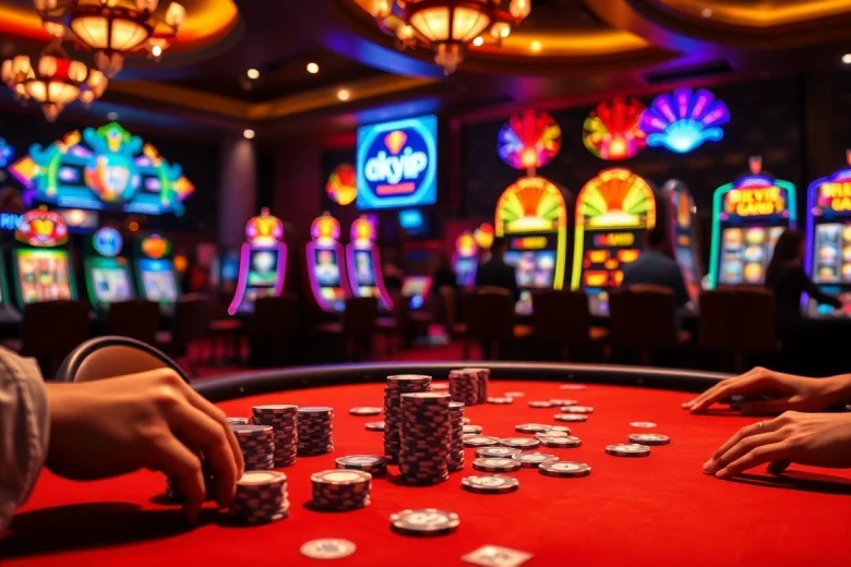 Players engaging with a high-stakes poker table at RIKVIP casino, showcasing excitement and strategy.