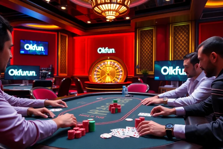 Engaged players at an Okfun casino poker table with vibrant chips and cards in a luxurious setting.