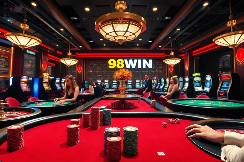 Witnessing an exciting poker game at 98WIN casino, showcasing vibrant chips and professional players.