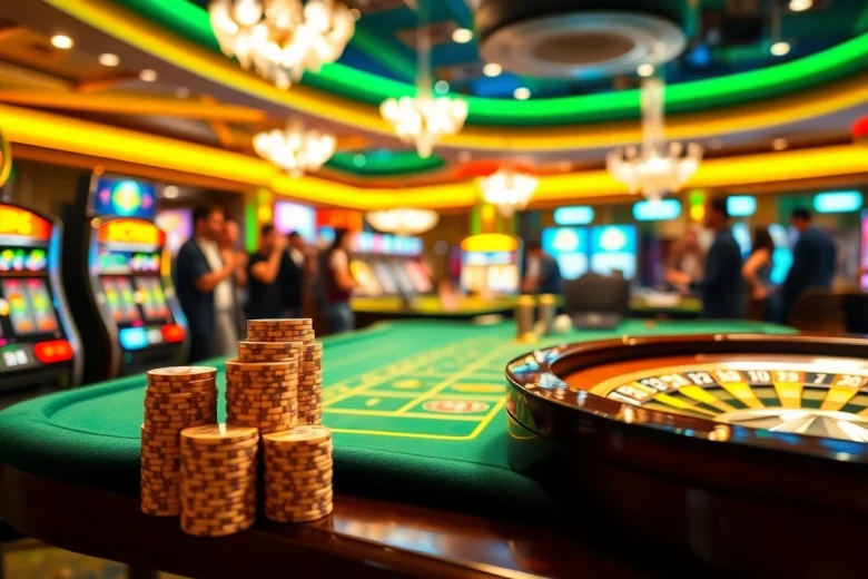 Experience the thrill of gambling at Luck8 with vibrant slot machines and a shining roulette wheel.