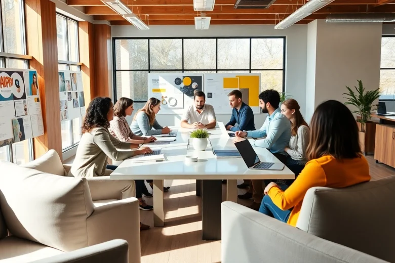 Agence de branding en réunion créative avec une équipe dynamique et des designs inspirants.