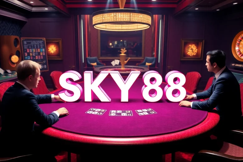 Engaged players at SKY88 casino, showcasing a lively poker game amidst rich decor and exciting atmosphere.