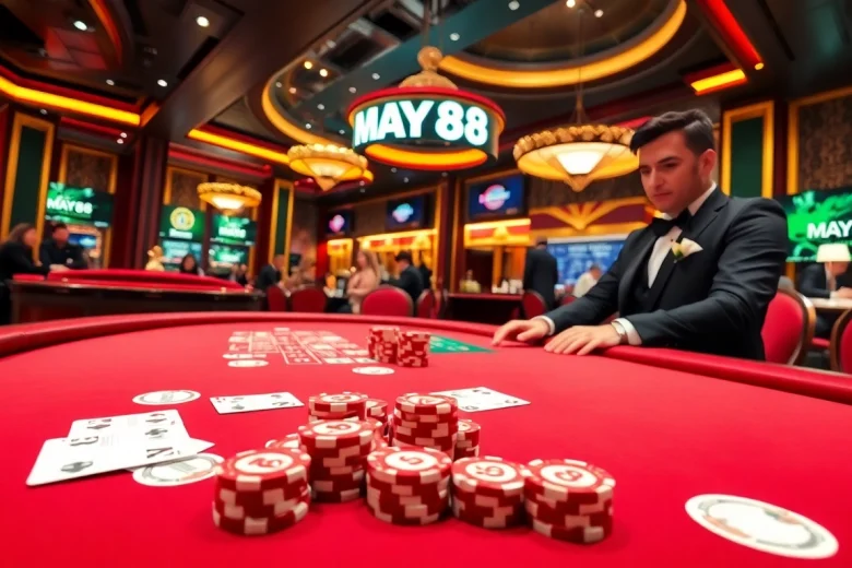 MAY88 captivating poker table action with professional dealer and vibrant casino atmosphere.