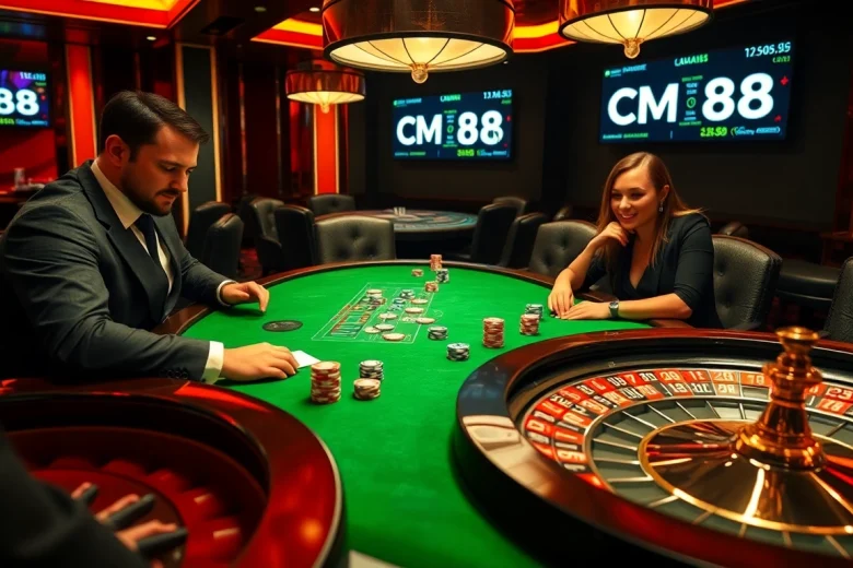 Engaged players strategizing at a poker table, featuring CM88 games and casino ambiance.