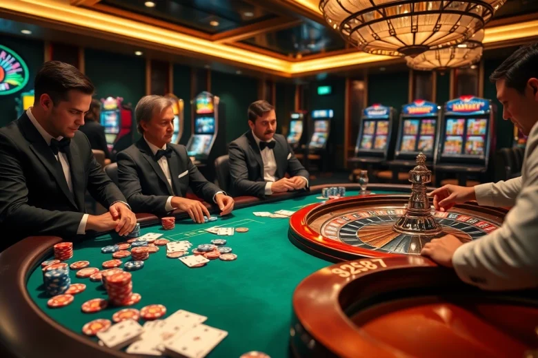 Players strategize and roll dice at the luxurious casino gaming table OK8386, showcasing high-stakes excitement.