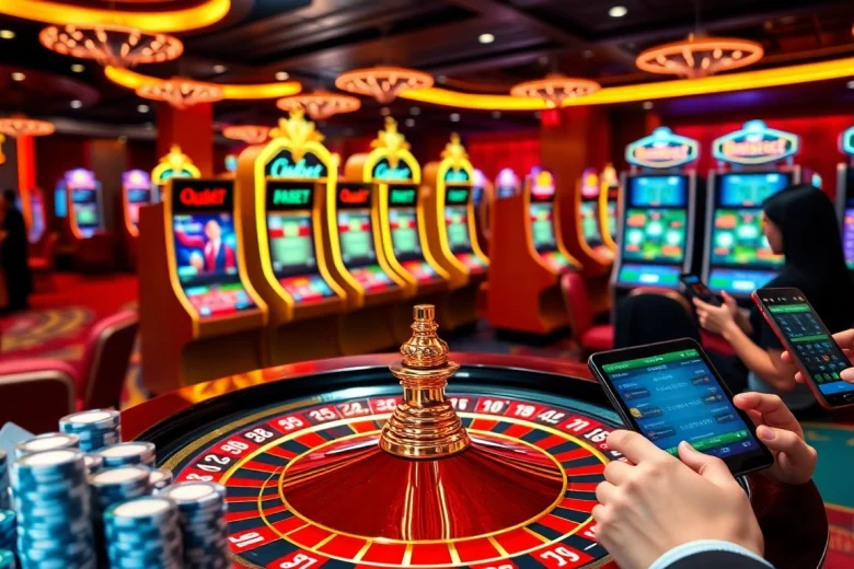 Exciting gambling scene at 8kbet with vibrant roulette wheel and players enjoying online betting.