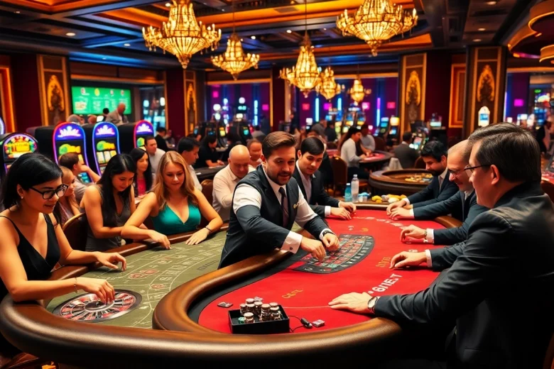 KBBET's lively casino scene featuring enthusiastic gamblers at poker and blackjack tables, capturing excitement and professionalism.