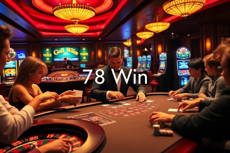 Experience excitement at 78Win casino with players engaged at a bustling poker table.