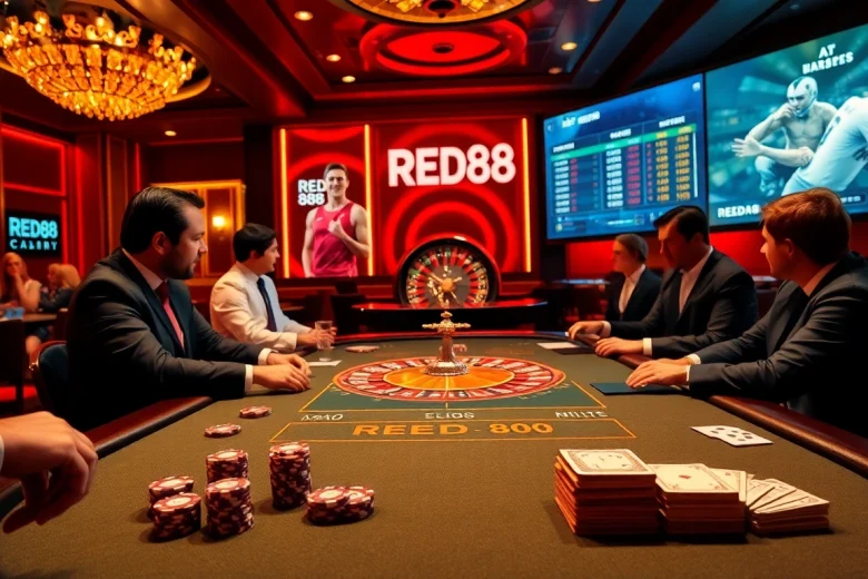 Players enjoying the excitement at RED88's luxurious casino table filled with chips and cards.