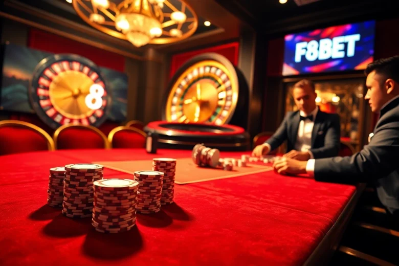 Exciting gameplay at F8 BET with vibrant poker chips and a spinning roulette wheel.